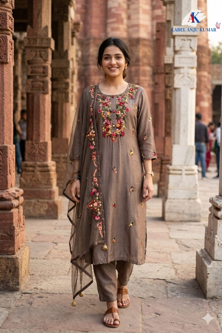 Mouse Dola Silk Zardozi Suit Dupatta Set with Organza Dupatta