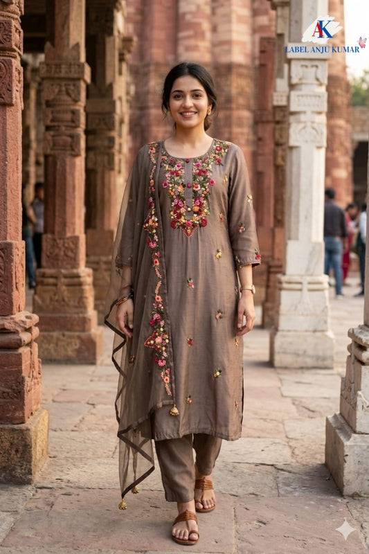 Mouse Dola Silk Zardozi Suit Dupatta Set with Organza Dupatta