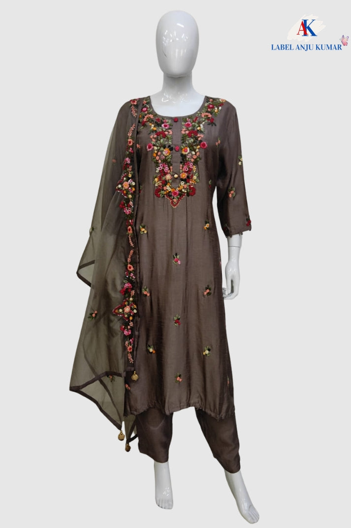 Mouse Dola Silk Zardozi Suit Dupatta Set with Organza Dupatta