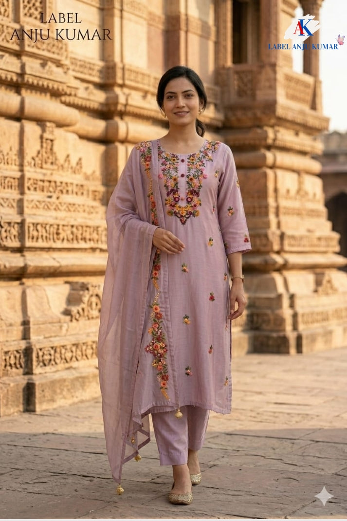 Dusty Pink Dola Silk Zardozi Suit Dupatta Set with Organza Dupatta