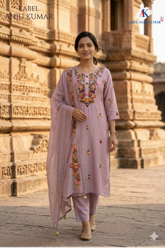 Dusty Pink Dola Silk Zardozi Suit Dupatta Set with Organza Dupatta
