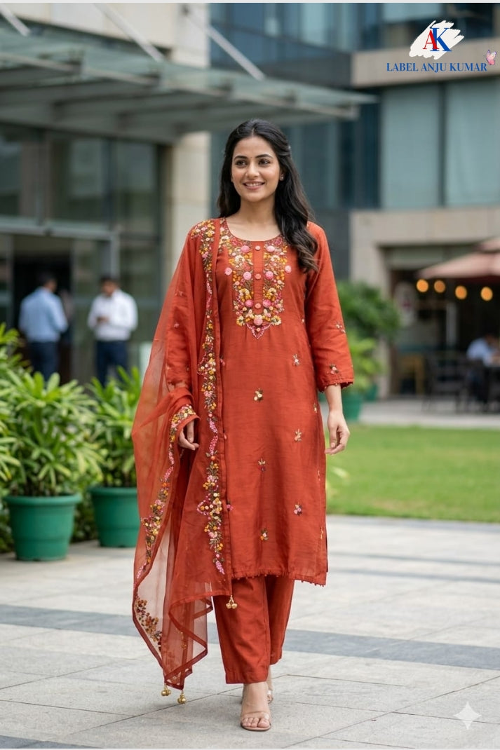 Rust Dola Silk Zardozi Suit Dupatta Set with Organza Dupatta