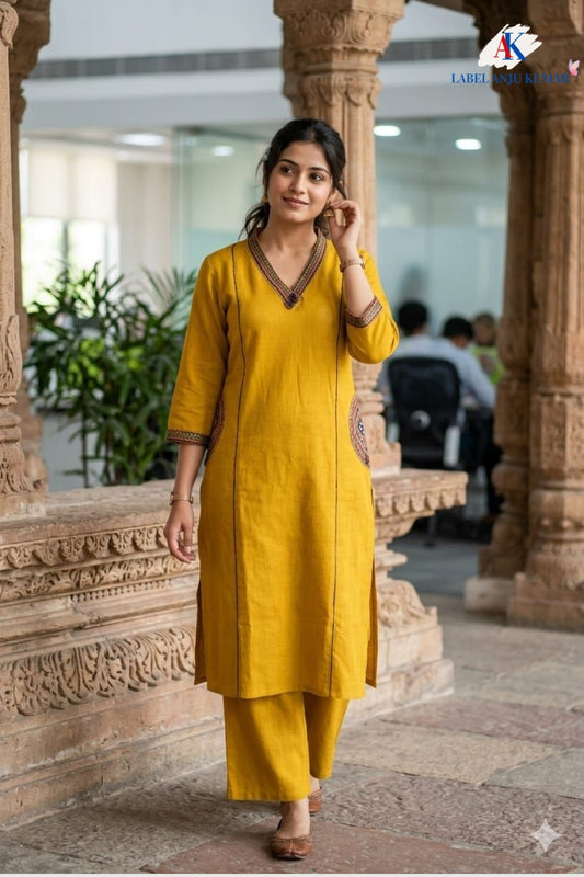 Mustard Cotton Slub Embroidered Straight Kurta with Trousers