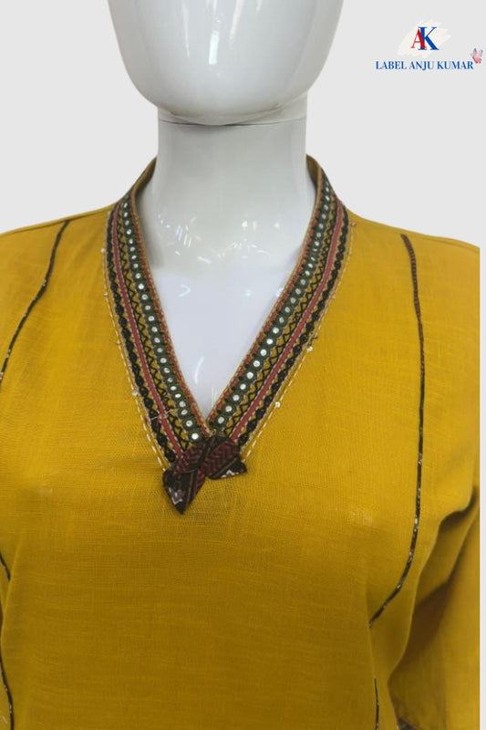 Mustard Cotton Slub Embroidered Straight Kurta with Trousers