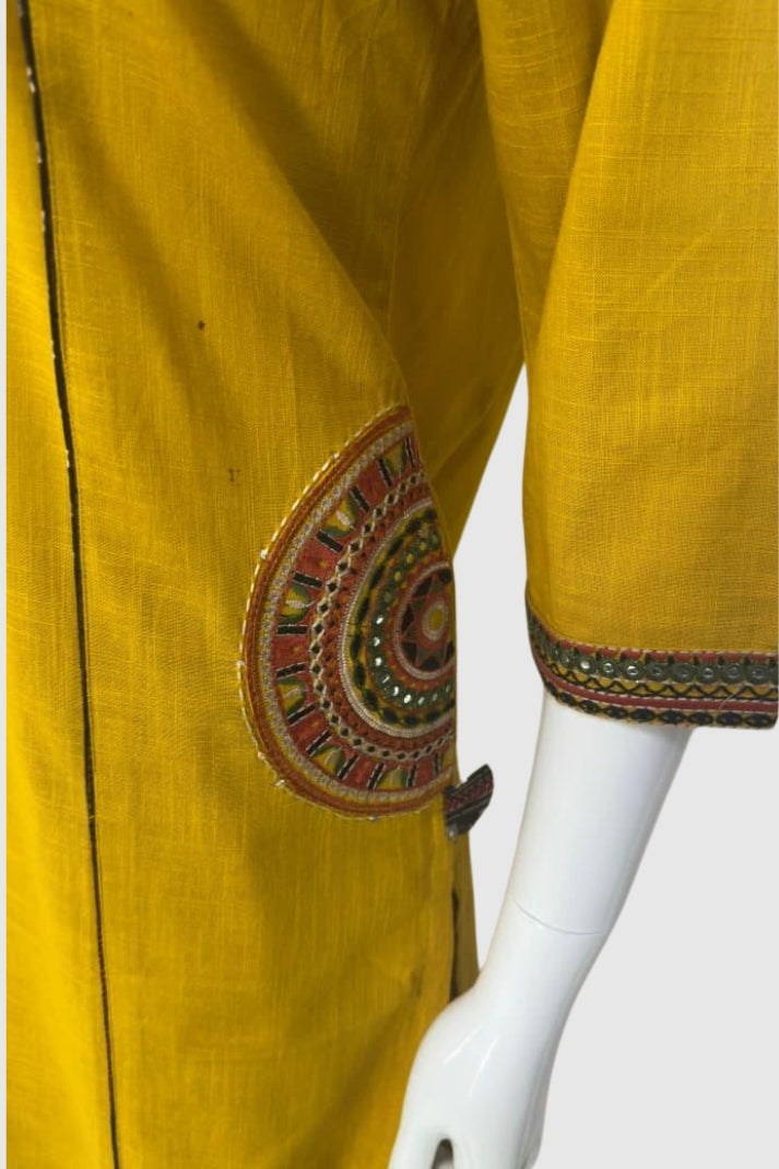 Mustard Cotton Slub Embroidered Straight Kurta with Trousers