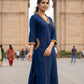 Royal Blue Cotton Slub Embroidered Straight Kurta with Trousers