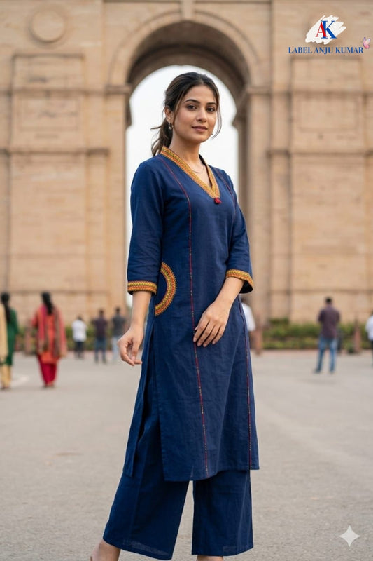 Royal Blue Cotton Slub Embroidered Straight Kurta with Trousers