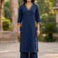 Royal Blue Cotton Slub Embroidered Straight Kurta with Trousers