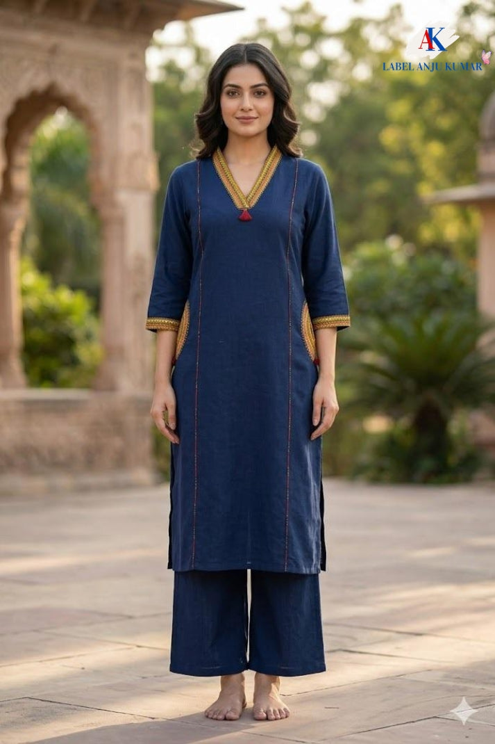 Royal Blue Cotton Slub Embroidered Straight Kurta with Trousers