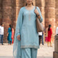 Sky Blue Chinon Plazo Set with Silver Hand Work and Chiffon Dupatta