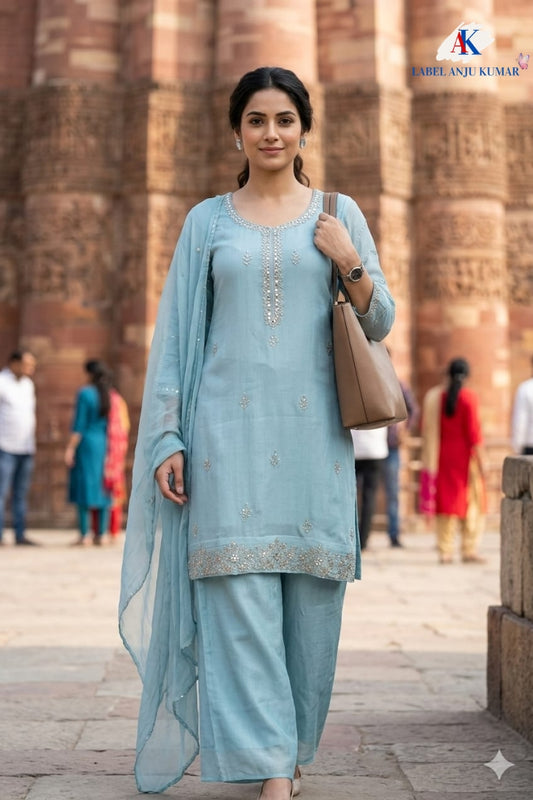 Sky Blue Chinon Plazo Set with Silver Hand Work and Chiffon Dupatta