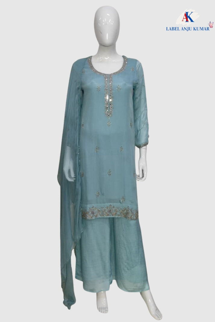 Sky Blue Chinon Plazo Set with Silver Hand Work and Chiffon Dupatta
