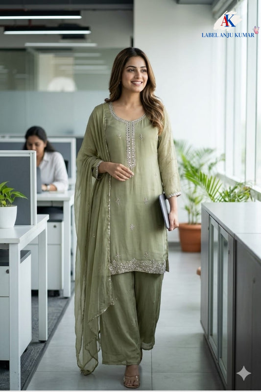 Pista Green Chinon Plazo Set with Silver Hand Work and Chiffon Dupatta