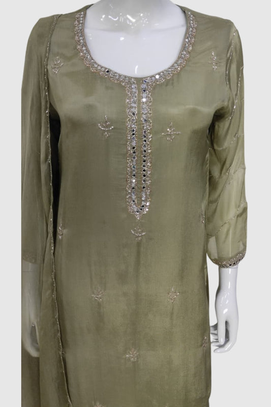 Pista Green Chinon Plazo Set with Silver Hand Work and Chiffon Dupatta