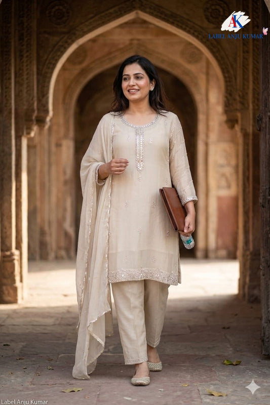 Ivory Chinon Plazo Set with Silver Hand Work and Chiffon Dupatta