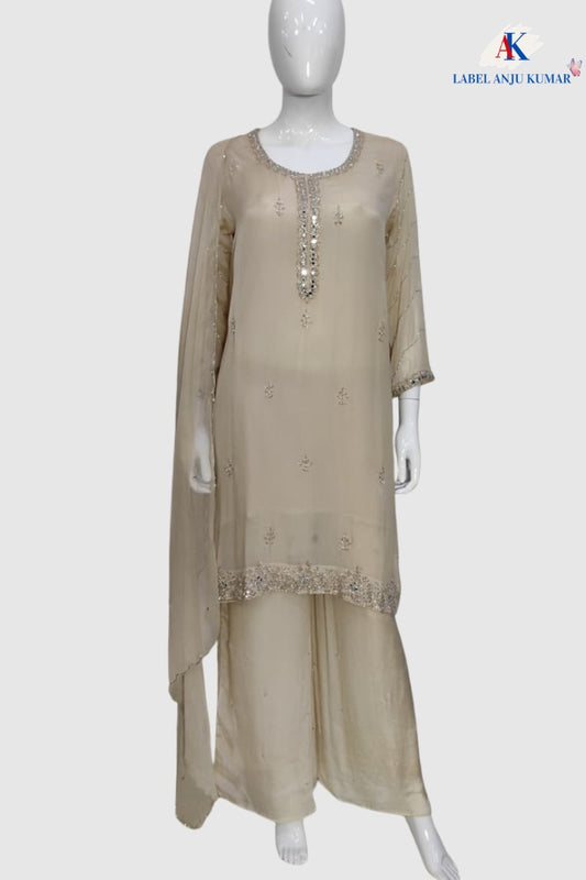 Ivory Chinon Plazo Set with Silver Hand Work and Chiffon Dupatta