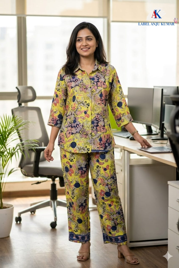 Multicolour Crepe Digital Printed Shirt Style Coord Set with Trousers