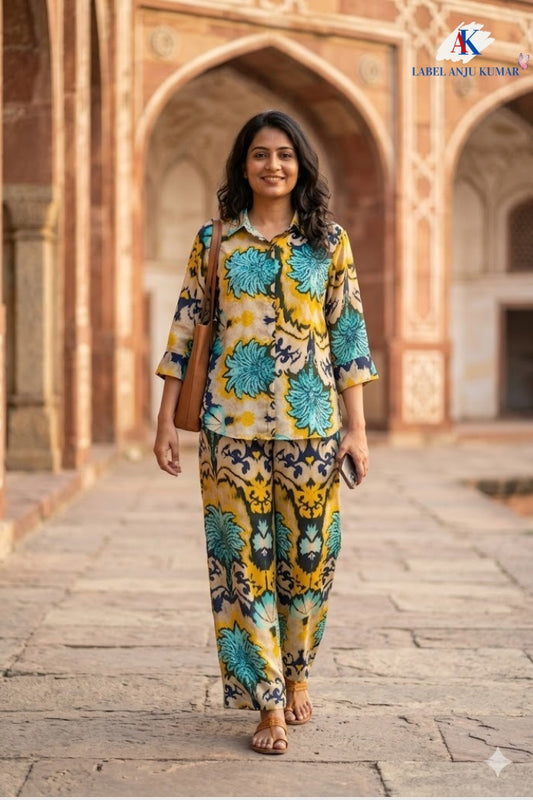 Multicolour Crepe Digital Printed Shirt Style Coord Set with Trousers