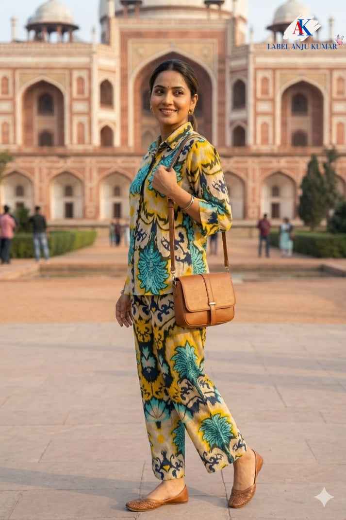 Multicolour Crepe Digital Printed Shirt Style Coord Set with Trousers