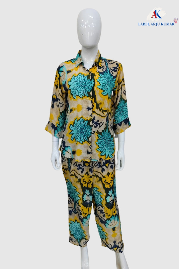 Multicolour Crepe Digital Printed Shirt Style Coord Set with Trousers