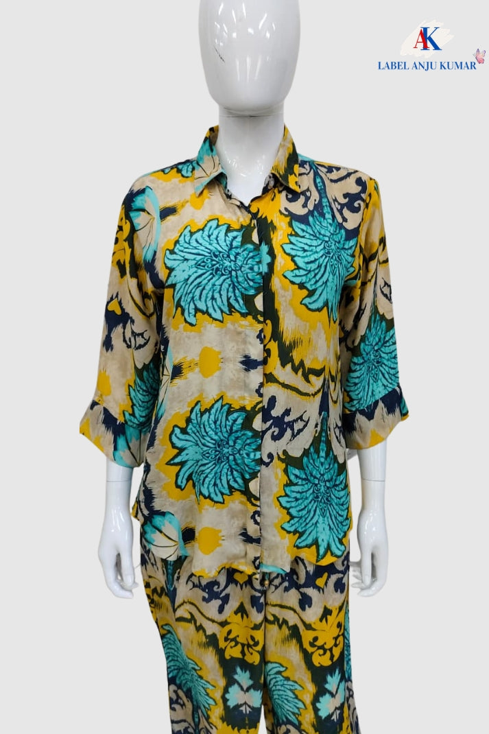 Multicolour Crepe Digital Printed Shirt Style Coord Set with Trousers