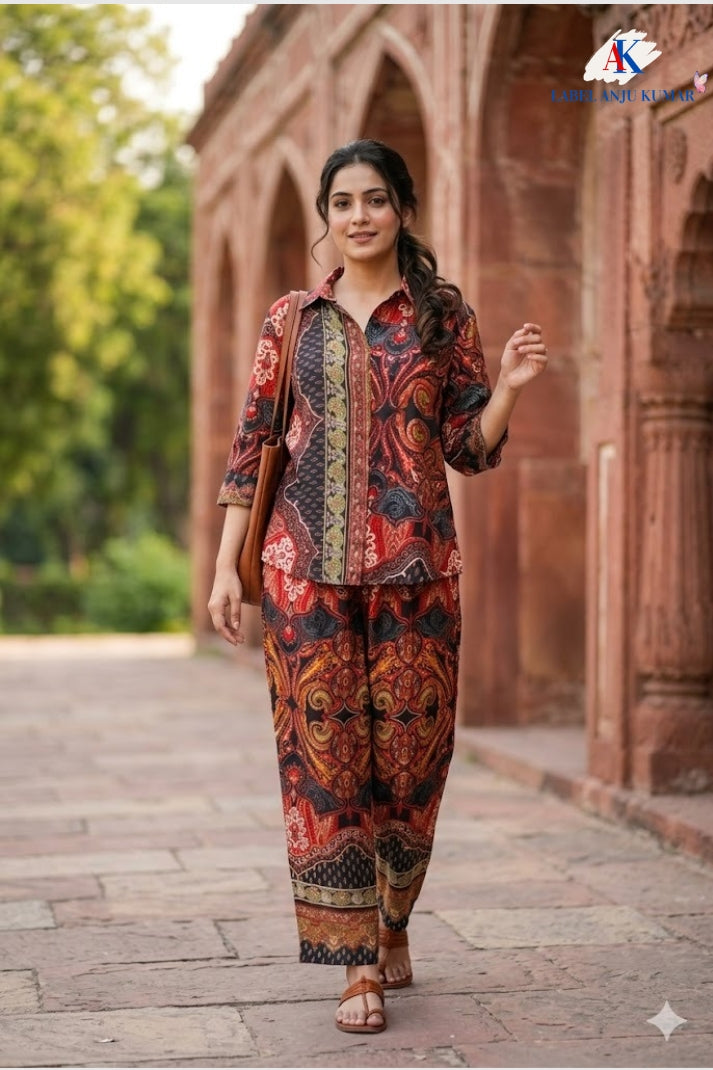 Multicolour Crepe Digital Printed Shirt Style Coord Set with Trousers