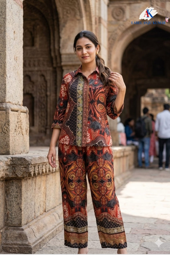 Multicolour Crepe Digital Printed Shirt Style Coord Set with Trousers