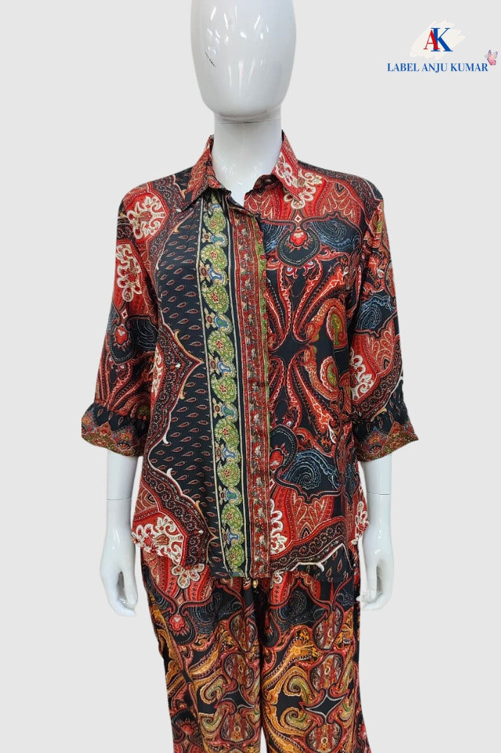 Multicolour Crepe Digital Printed Shirt Style Coord Set with Trousers