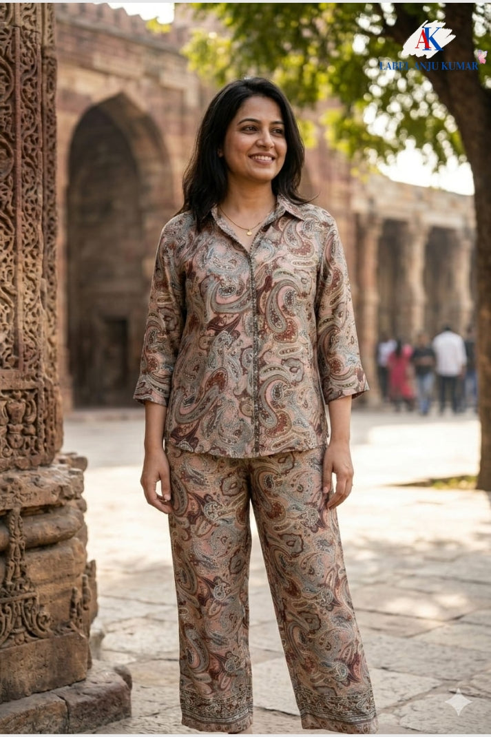 Multicolour Crepe Digital Printed Shirt Style Coord Set with Trousers