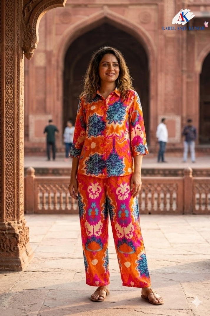 Multicolour Crepe Digital Printed Shirt Style Coord Set with Trousers