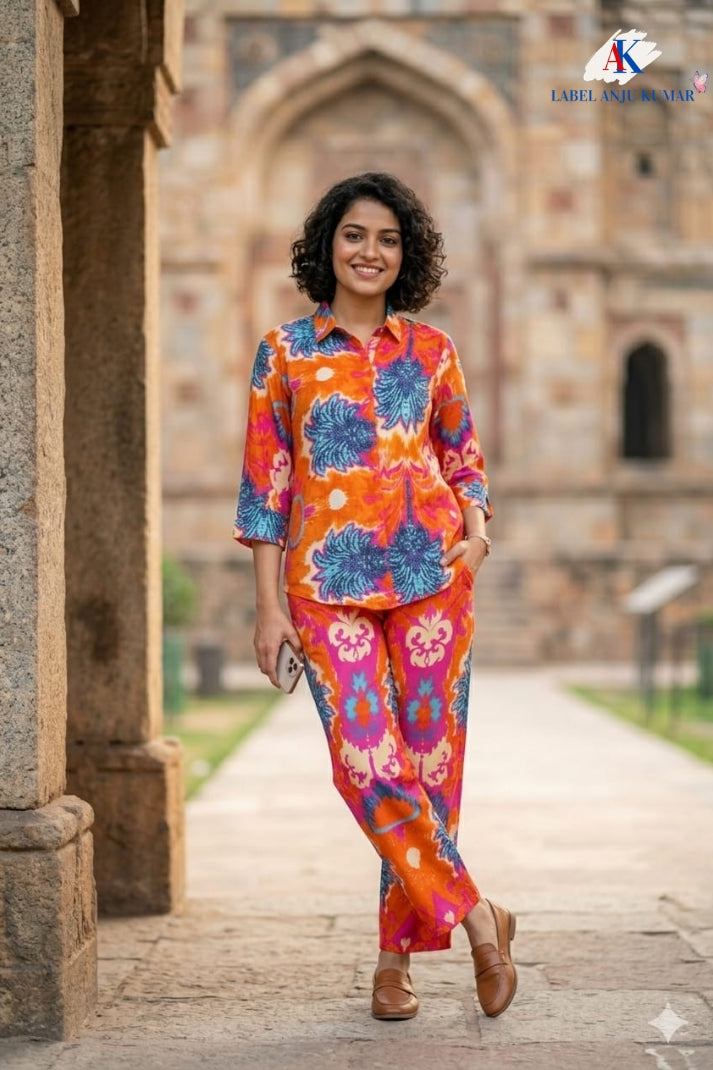 Multicolour Crepe Digital Printed Shirt Style Coord Set with Trousers