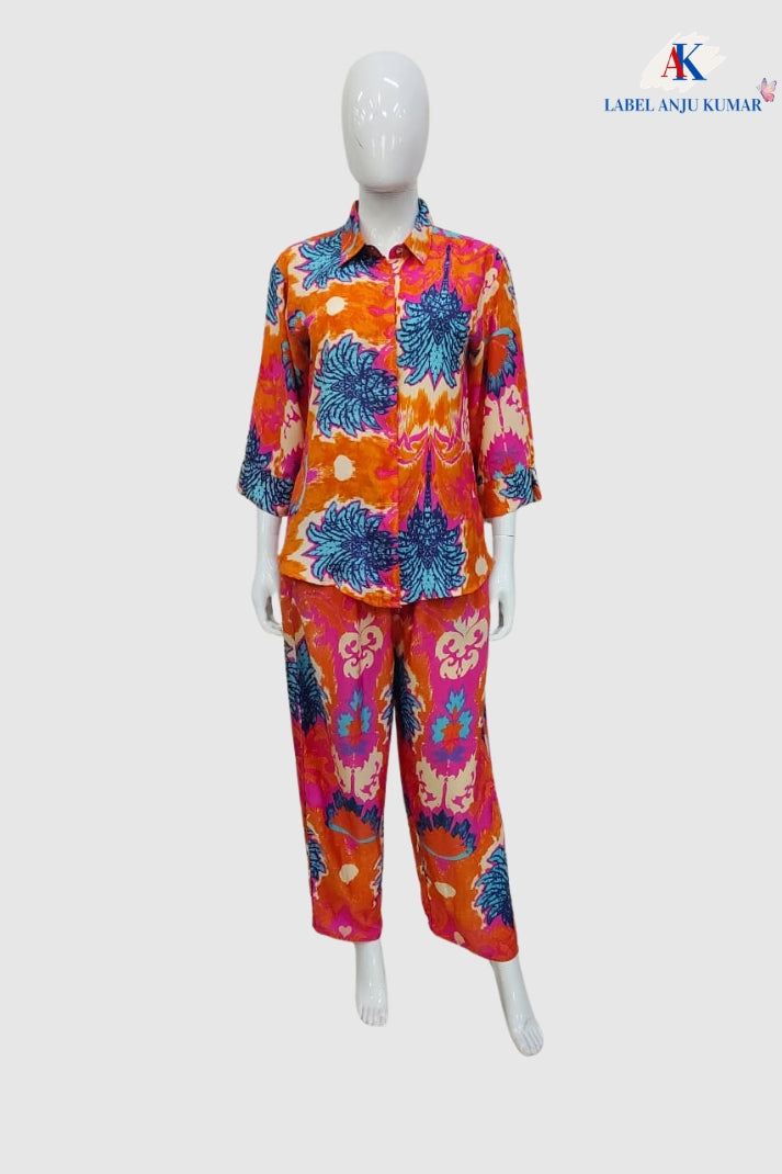 Multicolour Crepe Digital Printed Shirt Style Coord Set with Trousers