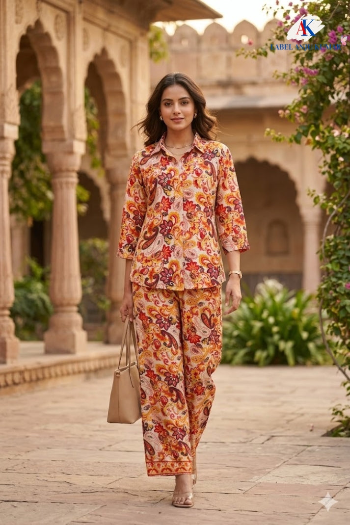 Multicolour Crepe Digital Printed Shirt Style Coord Set with Trousers