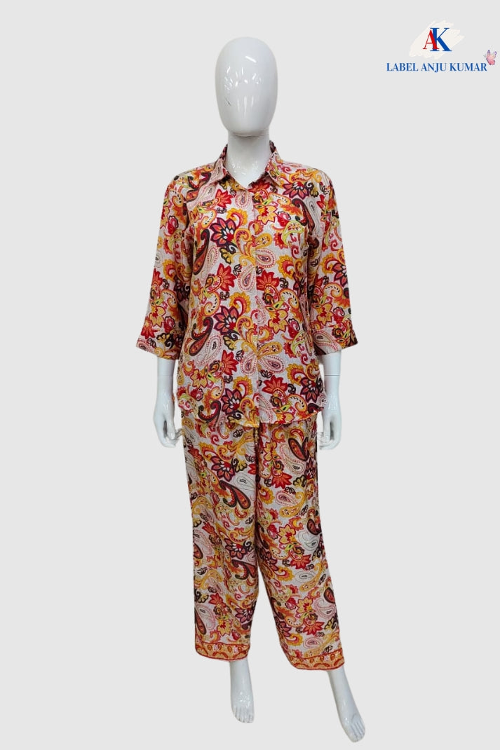Multicolour Crepe Digital Printed Shirt Style Coord Set with Trousers