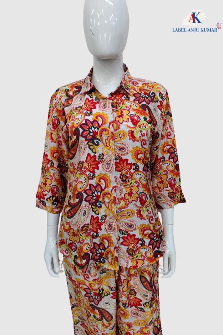 Multicolour Crepe Digital Printed Shirt Style Coord Set with Trousers