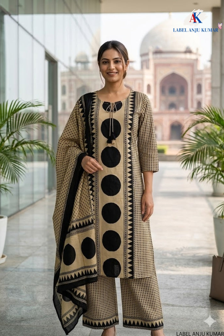 Black Cotton Geometrical Printed Suit Dupatta Set with Mirror Work
