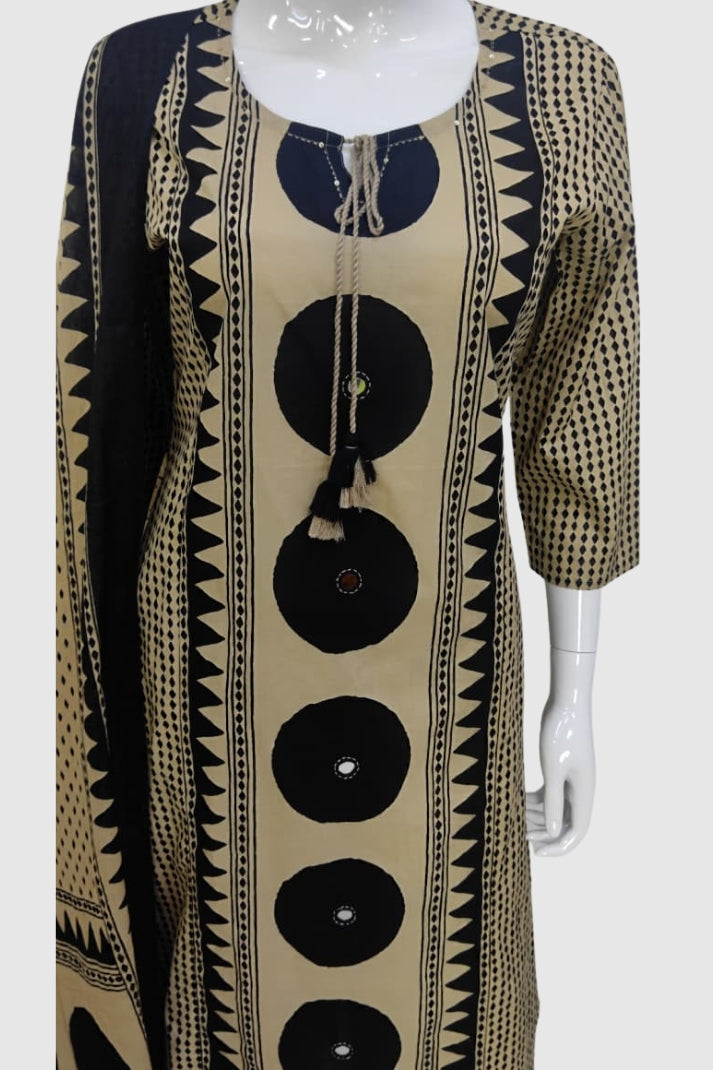 Black Cotton Geometrical Printed Suit Dupatta Set with Mirror Work