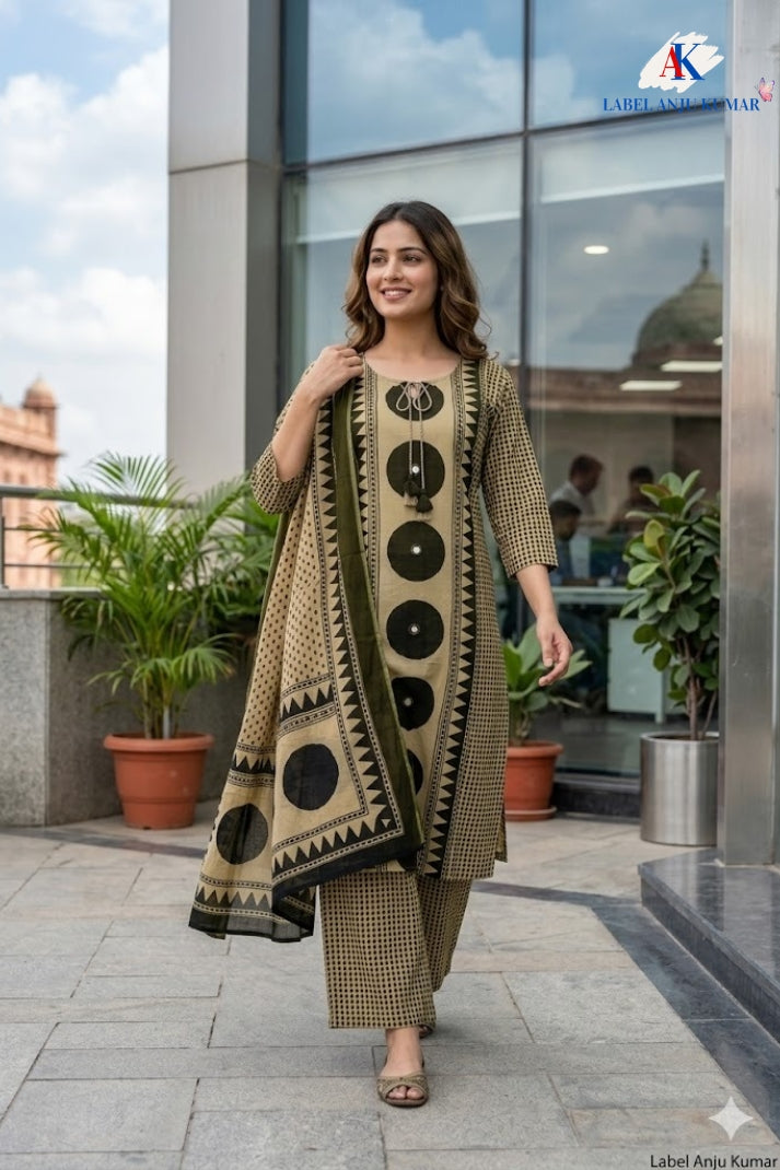 Green Cotton Geometrical Printed Suit Dupatta Set with Mirror Work