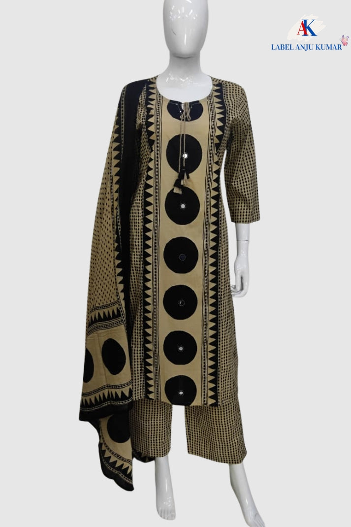 Green Cotton Geometrical Printed Suit Dupatta Set with Mirror Work