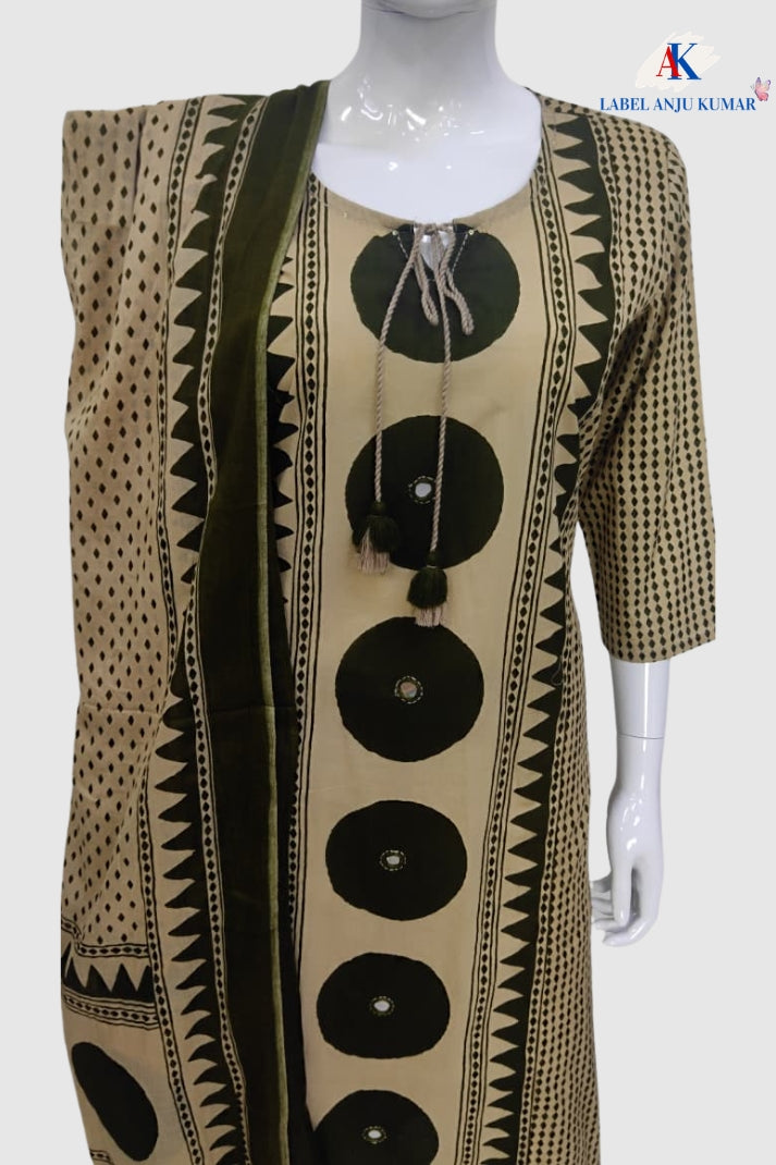 Green Cotton Geometrical Printed Suit Dupatta Set with Mirror Work