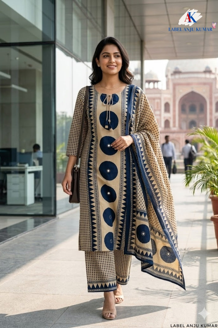 Navy Cotton Geometrical Printed Suit Dupatta Set with Mirror Work