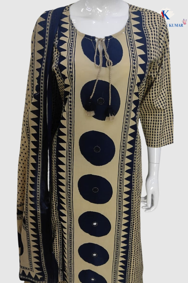 Navy Cotton Geometrical Printed Suit Dupatta Set with Mirror Work