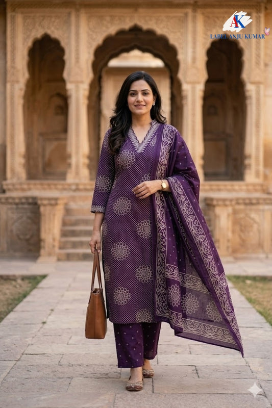 Purple Cotton Printed Suit Dupatta Set with V-Neck Embroidery