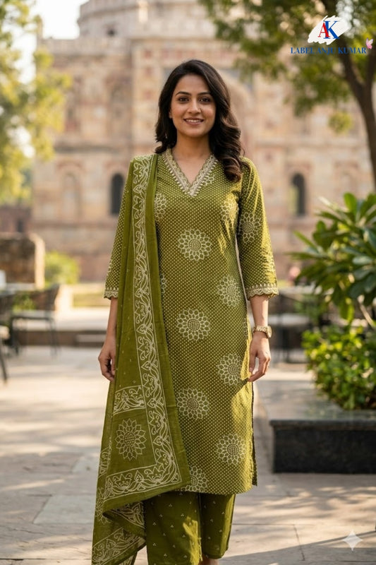 Mehendi Green Cotton Printed Suit Dupatta Set with V-Neck Embroidery