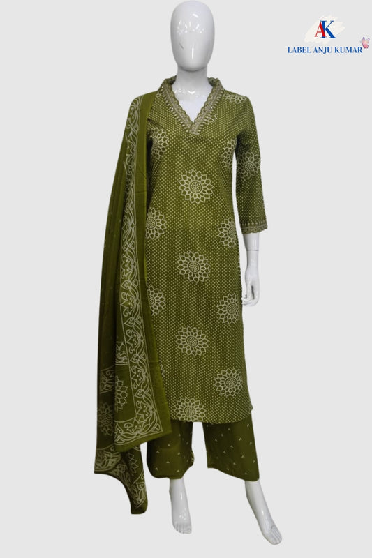 Mehendi Green Cotton Printed Suit Dupatta Set with V-Neck Embroidery