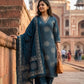 Emerald Blue Cotton Printed Suit Dupatta Set with V-Neck Embroidery