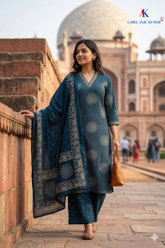 Emerald Blue Cotton Printed Suit Dupatta Set with V-Neck Embroidery