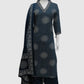 Emerald Blue Cotton Printed Suit Dupatta Set with V-Neck Embroidery