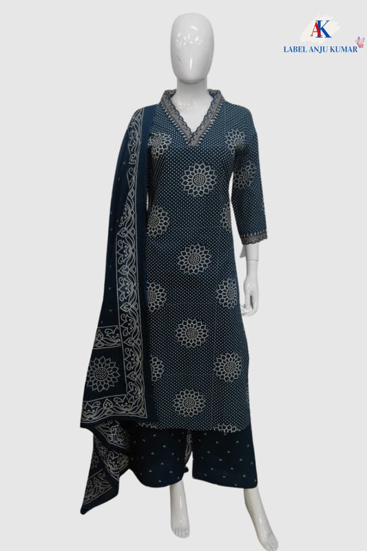 Emerald Blue Cotton Printed Suit Dupatta Set with V-Neck Embroidery