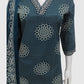 Emerald Blue Cotton Printed Suit Dupatta Set with V-Neck Embroidery